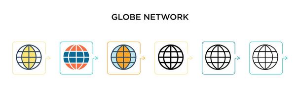 Ikona wektora globu w 6 różnych nowoczesnych stylach. Czarny, dwie kolorowe ikony sieci globu zaprojektowane w stylu wypełnionym, zarys, linia i skok. Ilustracja wektorowa może być używana do web, mobile, ui - Wektor, obraz