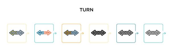 Gire o ícone do vetor dos sinais em 6 estilos modernos diferentes. Preto, dois ícones de sinais de volta coloridos projetados em cheio, contorno, linha e estilo de curso. Ilustração vetorial pode ser usado para web, mobile, ui
 - Vetor, Imagem