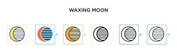Icona vettoriale della luna cerata in 6 diversi stili moderni. Nero, due icone colorate luna ceretta progettato in pieno, contorno, linea e stile ictus. Illustrazione vettoriale può essere utilizzato per web, mobile, ui - Vettoriali, immagini