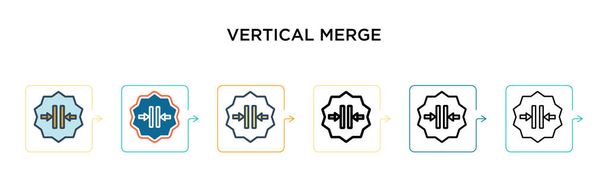 Vertikales Verschmelzvektorsymbol in 6 verschiedenen modernen Stilen. Schwarze, zweifarbige vertikale Verschmelzsymbole, die in Füll-, Umriss-, Linien- und Strichstil entworfen wurden. Vektor-Illustration kann für Web, Mobile, UI verwendet werden - Vektor, Bild