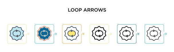 Loop flechas vector icono en 6 estilos modernos diferentes. Negro, dos iconos de flechas de lazo de colores diseñados en estilo lleno, contorno, línea y trazo. Ilustración vectorial se puede utilizar para web, móvil, ui
 - Vector, Imagen