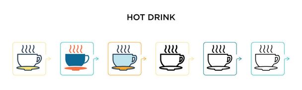 Hot drink vektor ikona v 6 různých moderních stylů. Černá, dvě barevné ikony horkých nápojů navržené ve vyplněném, obrysu, lince a stylu tahu. Vektorové ilustrace lze použít pro web, mobil, ui - Vektor, obrázek