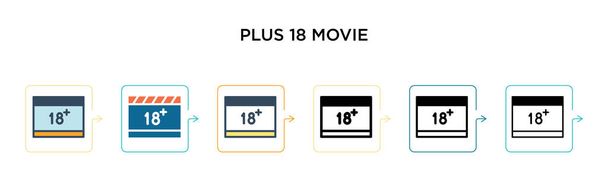 Plus 18 Filmvektorsymbole in 6 verschiedenen modernen Stilen. Schwarz, zweifarbig plus 18 Filmsymbole, die in Füll-, Umriss-, Linien- und Strichstil gestaltet sind. Vektor-Illustration kann für Web, Mobile, UI verwendet werden - Vektor, Bild