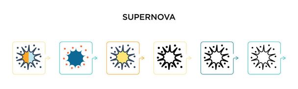 Значок вектора сверхновой в 6 различных современных стилях. Черный, два цветных иконки сверхновой, разработанные в заполненном, очертания, линии и штрих стиле. Векторная иллюстрация может быть использована для веб, мобильного, ui
 - Вектор,изображение