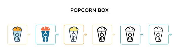 Popcorn Box Vektor Icon in 6 verschiedenen modernen Stilen. Schwarze, zweifarbige Popcorn-Box-Icons, die in Füll-, Umriss-, Linien- und Strichstil gestaltet sind. Vektor-Illustration kann für Web, Mobile, UI verwendet werden - Vektor, Bild