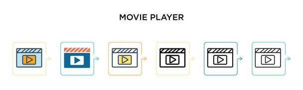 Icono de vector de reproductor de películas en 6 estilos modernos diferentes. Negro, dos iconos de reproductor de películas de colores diseñados en estilo lleno, contorno, línea y trazo. Ilustración vectorial se puede utilizar para web, móvil, ui
 - Vector, Imagen