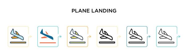 Ikona wektora lądowania samolotu w 6 różnych nowoczesnych stylach. Czarny, dwie kolorowe ikony samolotu lądowania zaprojektowane w stylu wypełnionym, zarys, linii i skoku. Ilustracja wektorowa może być używana do web, mobile, ui - Wektor, obraz