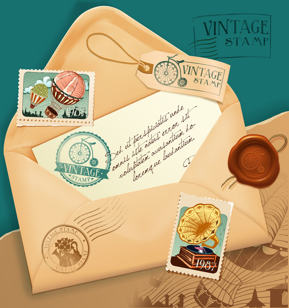 Vintage envelope with postage stamp - Vettoriali, immagini