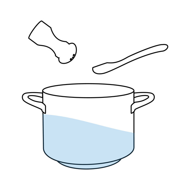 Cooking pot, pan hot soup salt and spoon line icon. - Foto, imagen
