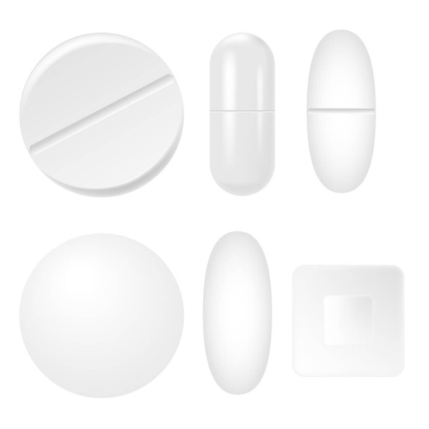 Набір з 3d реалістичних білих медичних таблеток, капсул. Векторні
 - Вектор, зображення