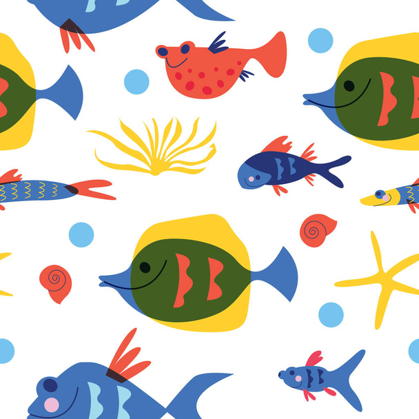 Seamless pattern on a white background. Tropical fish, marine life, underwater life. Colorful vector illustration on a white background - Vector, Image