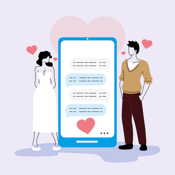 man en vrouw chatten op het internet, online daten, virtuele relaties - Vector, afbeelding