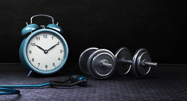 Dark Fitness background with alarm clock and dumbbells. 3d Rendering - Photo, Image