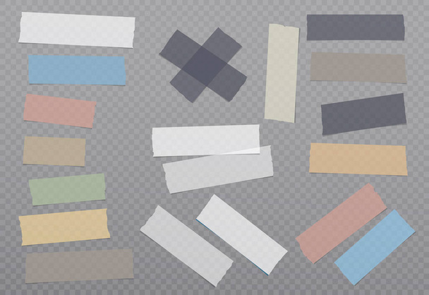 Wit en kleurrijk verschillende grootte lijm, kleverig, maskeren, duct tape, papier stukken zijn op donkere vierkante achtergrond - Vector, afbeelding