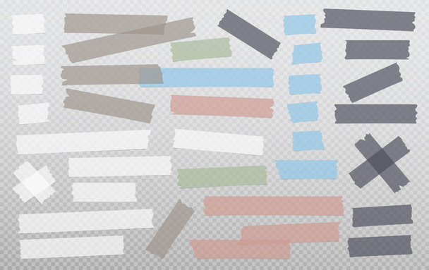 Bílé a barevné různé velikosti lepidlo, lepicí, maskování, lepicí páska, kousky papíru jsou na tmavém čtvercovém pozadí - Vektor, obrázek