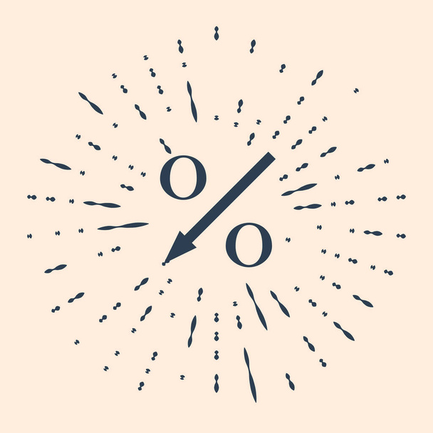 Icona freccia nera per cento verso il basso isolata su sfondo beige. Diminuzione del segno percentuale. Cerchi astratti puntini casuali. Illustrazione vettoriale - Vettoriali, immagini
