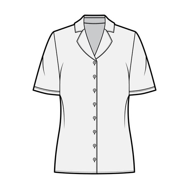 Pajama style blouse technical fashion illustration with notched lapel collar, short sleeves, loose fit body. - Vector, Image