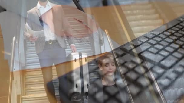 Animation of man and woman on escalator with suitcase and person typing on computer keyboard. Business travel online business concept digital composite. - Séquence, vidéo