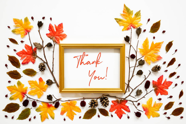 Colorful Autumn Leaf Decoration, Golden Frame, Text Thank You - 写真・画像