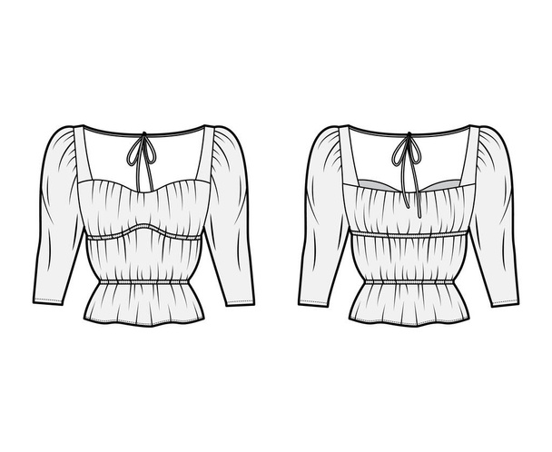 Ilustracja moda techniczna koszuli z nadwymiarowym nadwoziem, ukryte zapięcia na guziki wzdłuż przodu, delikatne falbanki - Wektor, obraz