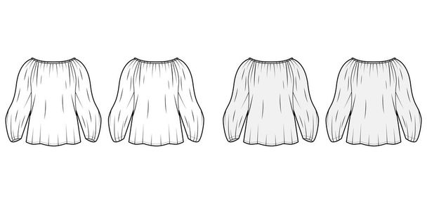 Tričko technické módní ilustrace s nadrozměrným tělem, skryté knoflíkové zapínání vpředu, jemné volánky - Vektor, obrázek
