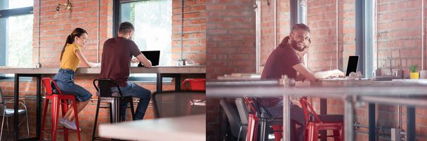 colagem de empresária feliz olhando para colega de trabalho usando laptop com tela em branco no escritório
 - Foto, Imagem