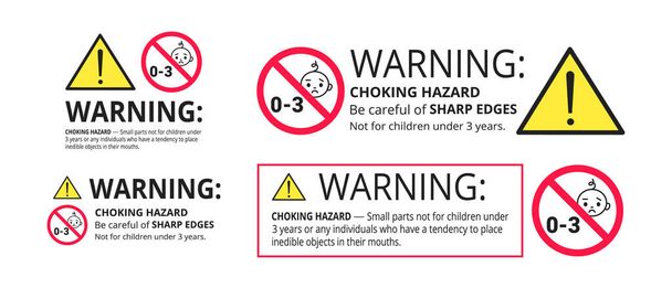 Verstikkende gevaar verboden teken sticker niet geschikt voor kinderen jonger dan 3 jaar geïsoleerd op witte achtergrond vector illustratie set. - Vector, afbeelding