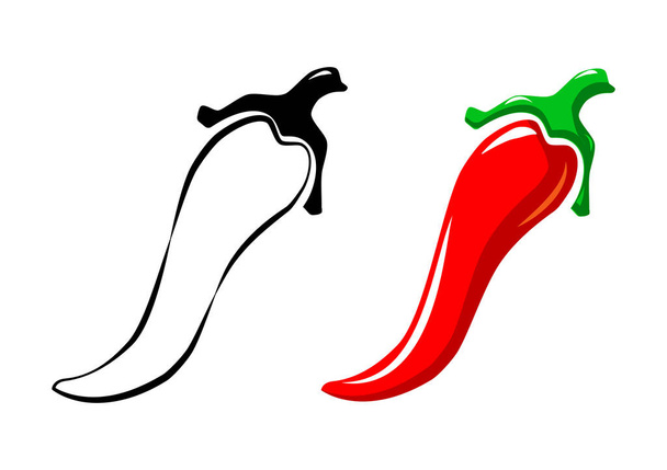 Fűszeres csípős csípős paprika ikonok. Vektor ázsiai és mexikói fűszeres ételek és szósz, piros és fekete körvonalas chili paprika a weboldal design, logó, app, UI. Részvény vektor. EPS10. - Vektor, kép