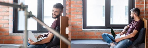 kollázs boldog üzletember használó laptop, miközben ül az ablakon ülés  - Fotó, kép