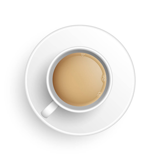 Realistische 3d kopje hete aromatische vers gebrouwen Indiase Masala zwarte thee met melk. Een theekopje met schotel bovenaanzicht geïsoleerd op witte achtergrond. Vector illustratie voor web, design, menu, app. - Vector, afbeelding