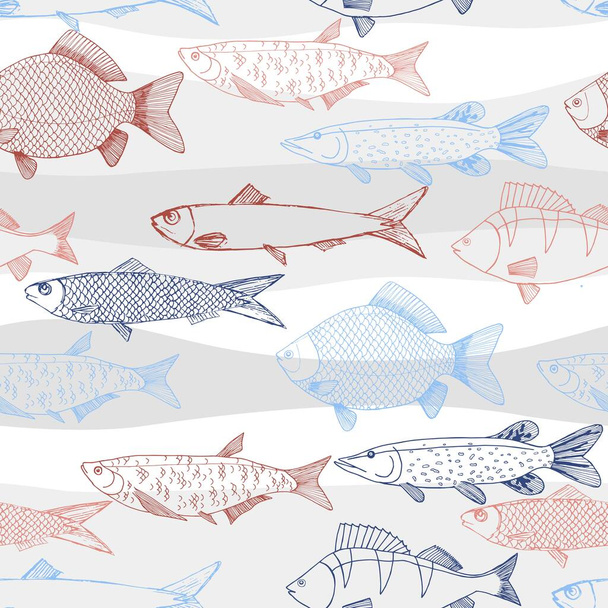 Seamless vector sketches of sea and river fish animal. Pike, carp, perch, sardine isolated fish sketch, sport or fish market theme. Prints for clothing, textiles, paper and web. - Vetor, Imagem
