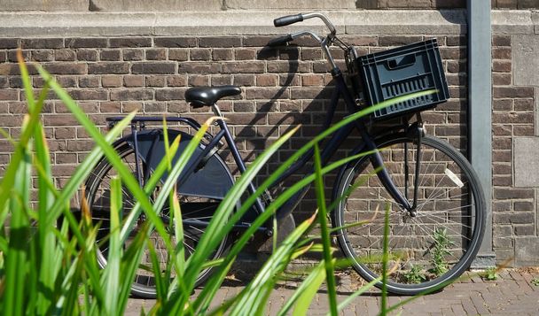 black classical Bicycle on red brick  Wall background. green plants near european house. Haag, Netherlands. - Foto, imagen