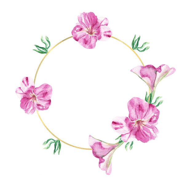 Watercolor hand painted floral round golden frame with green leaves and pink petunia flowers isolated on white. Nice wreath. Great template for greeting cards, backgrounds, invitations. - Foto, afbeelding