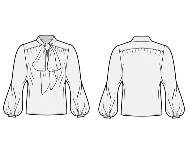 Blusa coño-arco ilustración técnica de la manera con el cuerpo de gran tamaño, ajuste suelto, mangas largas del obispo
.  - Vector, Imagen