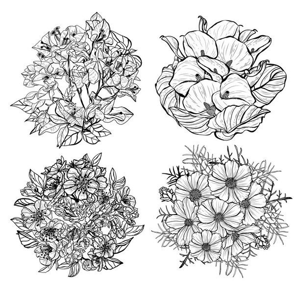 Decorative abstract hand drawn flowers, design elements. Can be used for cards, invitations, banners, posters, print design. Floral background in line art style - ベクター画像