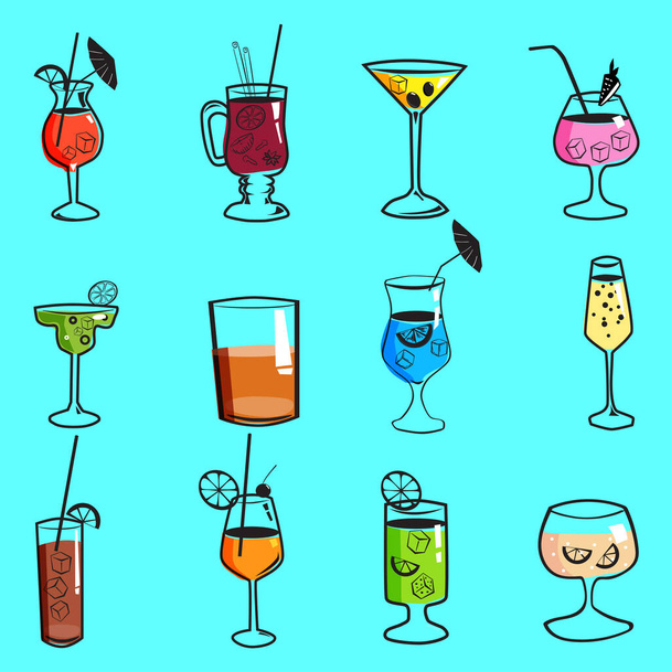 Set cockails tropical summer alcoholic drinks beverages. Mojito, Blue Lagoon, Margarita, Pina Colada, Sex on the Beach, Daiquiri. Vector icons isolated cartoon style illustration - Vektor, obrázek