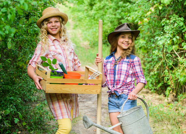 Gardening basics. Kids girls with tools for gardening. Gardens great place cultivate meaningful and fun learning experience for children. Gardening teaching life cycle process. Summer at countryside - Foto, imagen