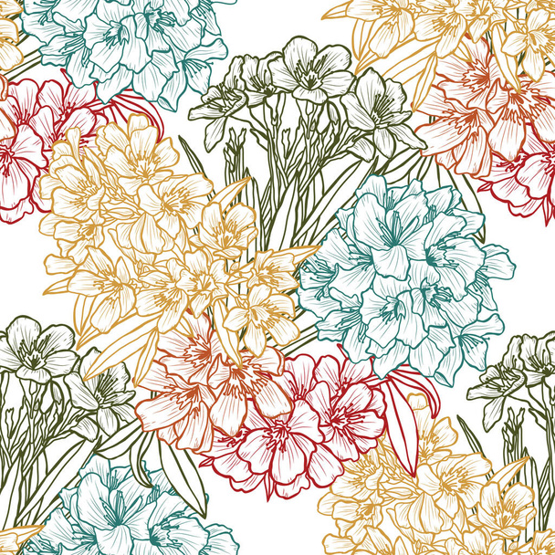 Elegant seamless pattern with oleander flowers, design elements. Floral  pattern for invitations, cards, print, gift wrap, manufacturing, textile, fabric, wallpapers - Vector, imagen