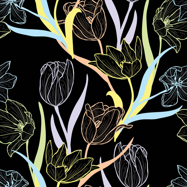 Elegante patrón sin costuras con flores de tulipán, elementos de diseño. Patrón floral para invitaciones, tarjetas, impresión, envoltura de regalo, fabricación, textil, tela, fondos de pantalla - Vector, Imagen