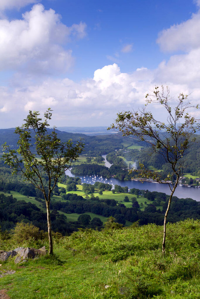 The view over the southern end of Lake Windermere from the footpath to Gummers How, a well known viewpoint in The Lake District, Cumbria, UK - Photo, Image