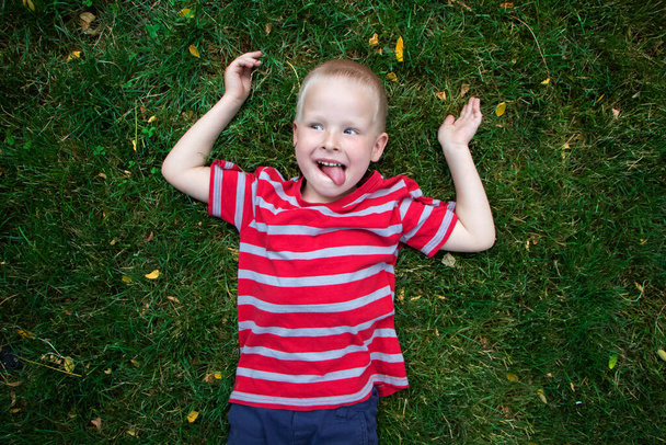 Un garçon heureux se trouve dans l'herbe, la caressant et regardant le ciel. Parfois, quelque chose dit ou pointe du doigt vers le haut. Le concept de vacances en famille dans le parc et une enfance heureuse. - Photo, image