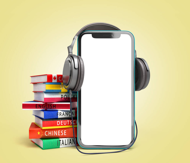 self learning concept Presentation of the application for learning foreign languages smartphone with blank screen headphones and books 3d render on a color gradient background - Photo, Image