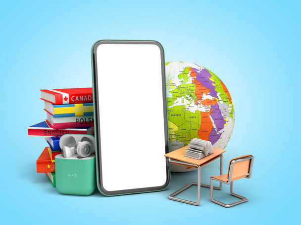 self learning concept Presentation of the application for learning foreign languages smartphone with blank screen headphones and books 3d render on a blue gradient - Foto, imagen