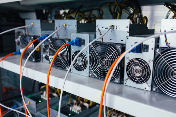 ASIC miners stand on a shelf and connected to electricity and th - Fotografie, Obrázek