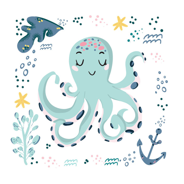 Vector hand drawn octopus. Ocean marine world. For children fashion and stationery, nursery, scrapbooking, home decor and textile, surface design. Part of a sea creatures collection - Vektor, Bild