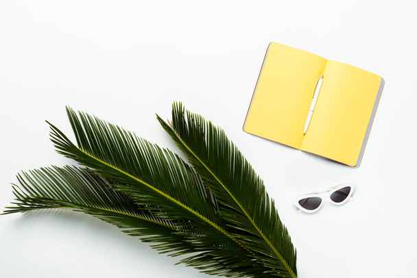 top view of green palm leaves near sunglasses and yellow planner on white background - Photo, Image