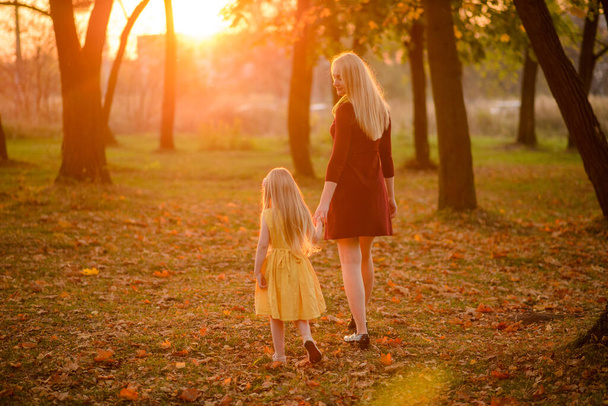Mom and daughter in dresses walk by the hand in the autumn park. - Photo, Image