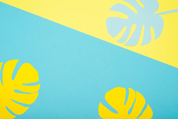 top view of paper cut palm leaves on blue and yellow background - Fotoğraf, Görsel