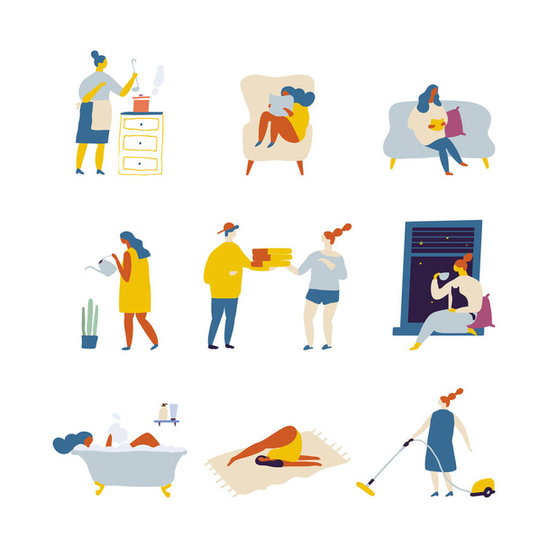 People spending time at home flat vector illustration. Relaxing at home, leisure time	 - Vector, Image