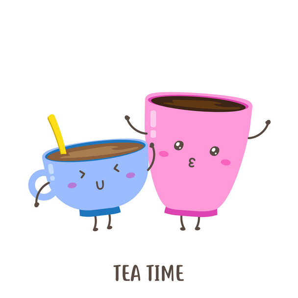 para cute szczęśliwy herbata w projektowaniu wektor filiżanki - Wektor, obraz